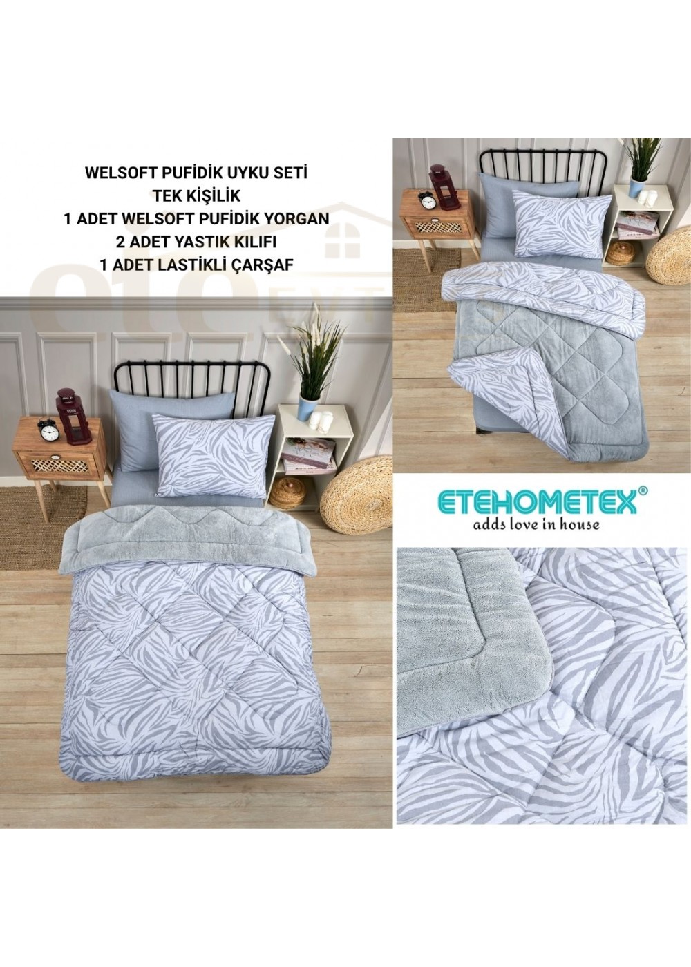 ETE HOMETEX TEK KİŞİLİK WELSOFT UYKU SETİ ZEBRA GRİ 8696474232026